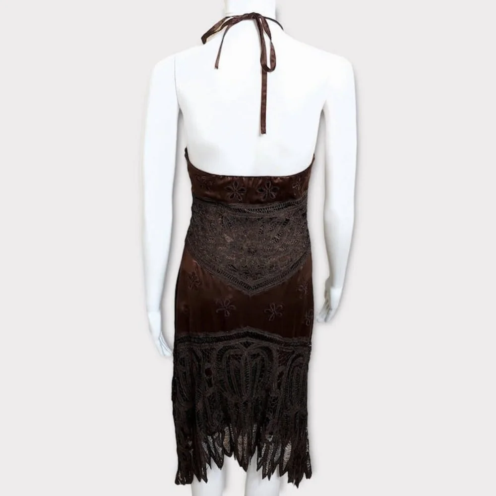 Sue Wong brown halter crochet cutout floral gown, Size 2 - Picture 10 of 15